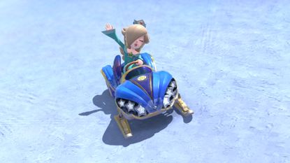 Rosalina riding the Stellar Sled kart across the snow in Mario Kart World