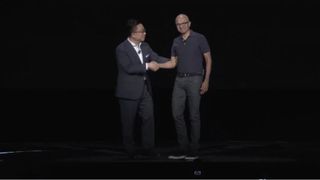 Samsung's DJ Koh (left) and Microsoft's Satya Nadella at the Note 10 Unpacked event
