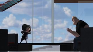Mr. Incredible and Edna argue in Edna's lavish living room
