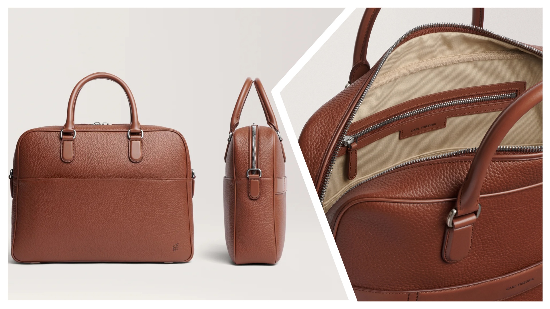 Carl Friedrik Sonder Dunloe briefcase, shown front on, in profile, and opened in close up