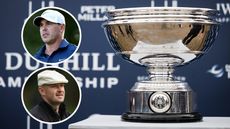 The Alfred Dunhill Links Championship trophy, with Brooks Koepka and Harry Hall in circles