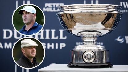 The Alfred Dunhill Links Championship trophy, with Brooks Koepka and Harry Hall in circles