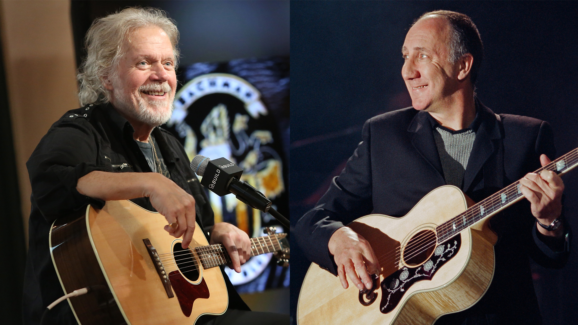 LEFT: Randy Bachman speaks at AOL Build Speakers Series: Randy Bachman at AOL Studios In New York on April 22, 2015 in New York City. RIGHT: Pete Townshend performs with The Who in concert at the HP Pavilion on October 19, 1996 in San Jose, California. 