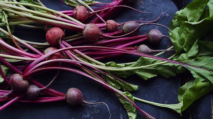 An example of the best vegetables to grow in a greenhouse showing fresh beetroot on a slate background