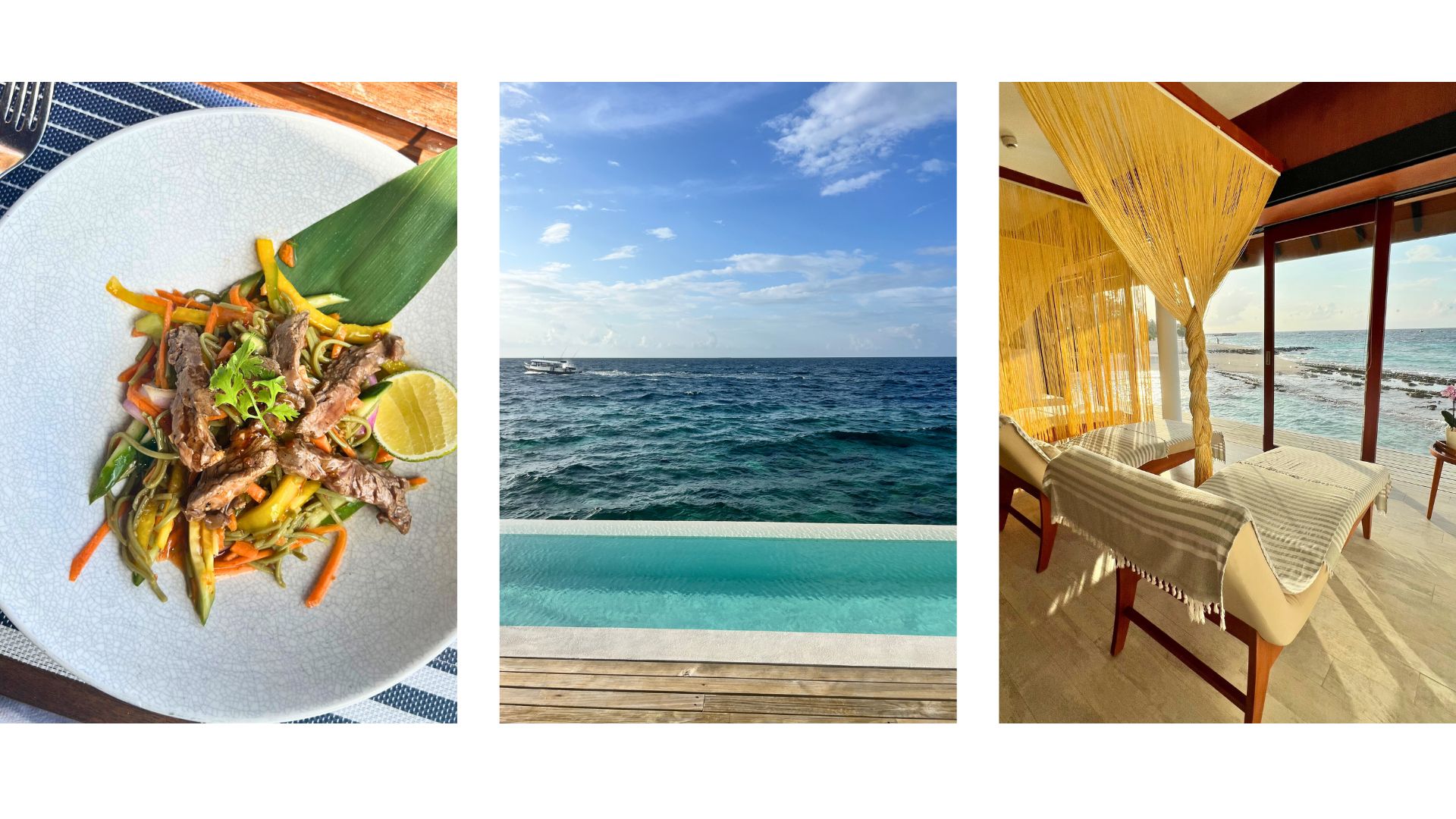 beef stir fry salad, view from overwater villa and view from spa relaxation room at the The Westin Maldives Miriandhoo
