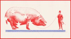 Illustration of a Gilded Age industrialist holding a U.S. flag and leading a giant pig