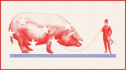 Illustration of a Gilded Age industrialist holding a U.S. flag and leading a giant pig