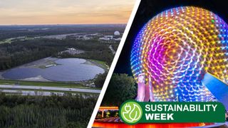 Walt Disney World EPCOT centre next to a solar panel farm