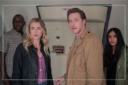 The cast of Manifest stood next to the emergency exit of an airplane