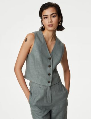 M&S Linen Rich Tailored Waistcoat