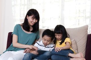 Asian mother with daughter and son.