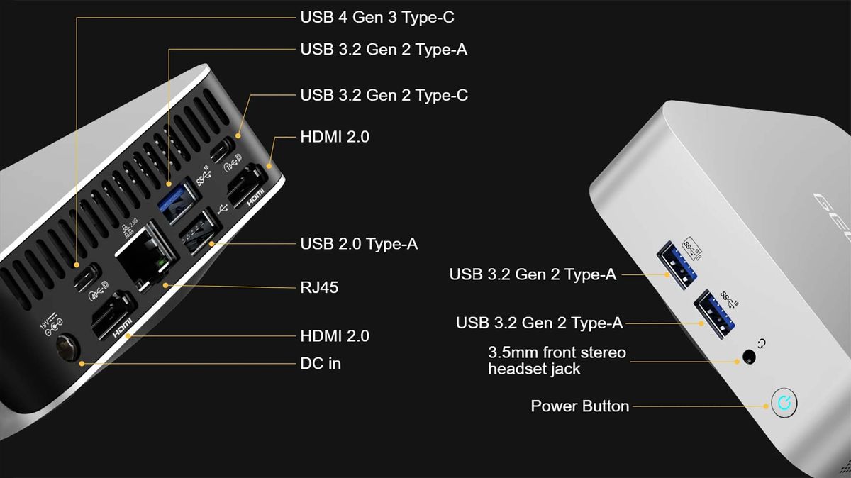 Front and back of Geekom A8 to show all ports.