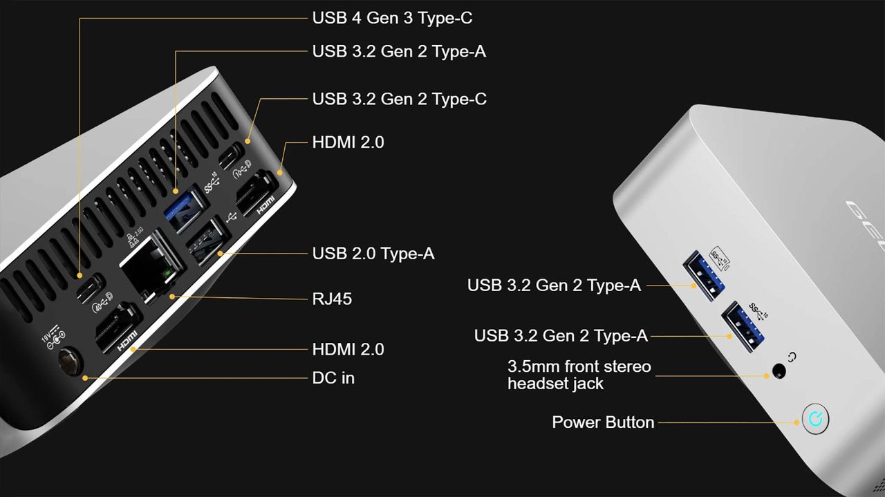 Front and back of Geekom A8 to show all ports.