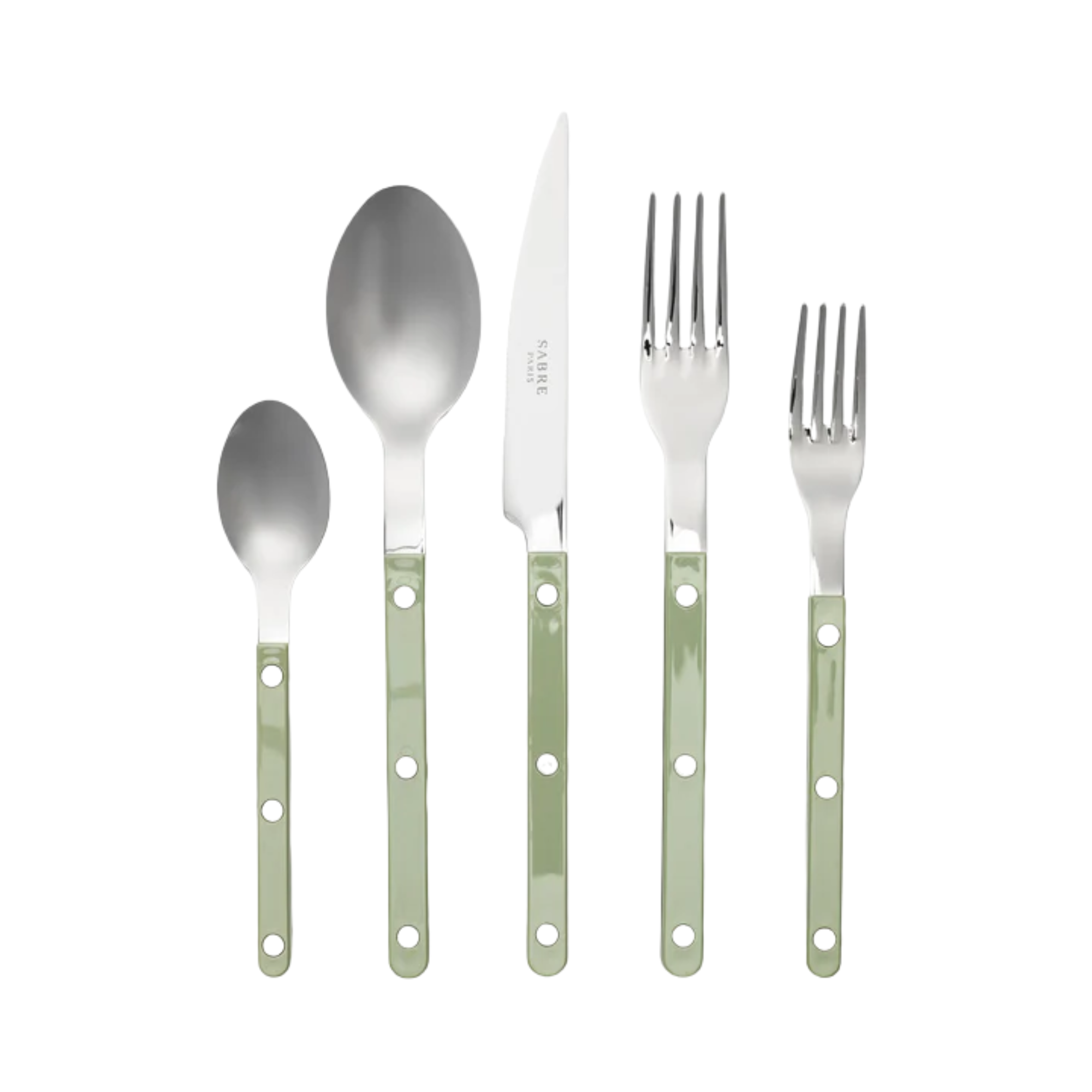 a green and silver flatware set