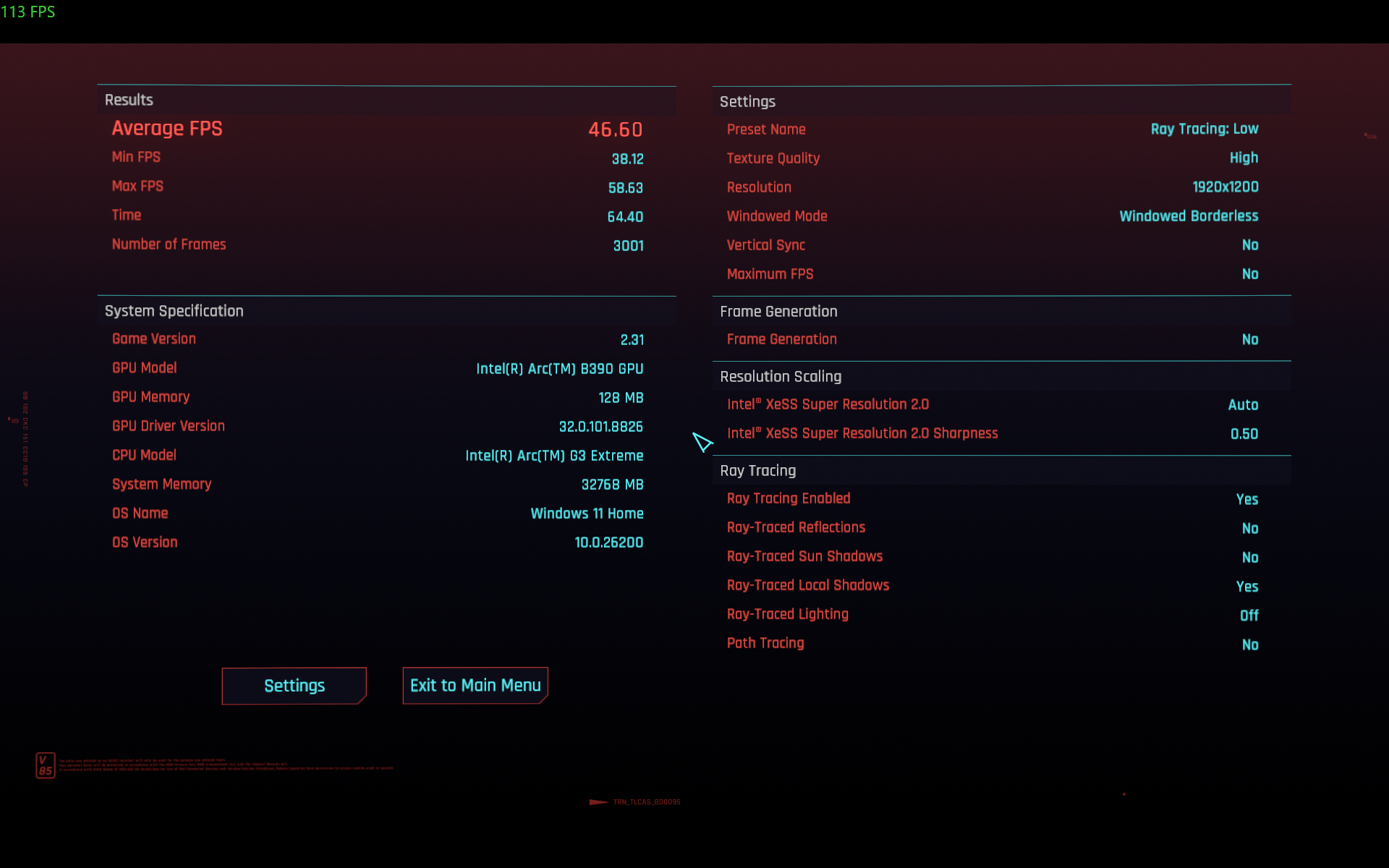 Screenshot of benchmarks from the game Cyberpunk 2077, showing an average of 46.5 FPS.