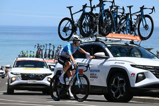 WILLUNGA AUSTRALIA JANUARY 20 Paul Lapeira of France and Decathlon AG2R La Mondiale Team competes in the feeding zone during the 24th Santos Tour Down Under 2024 Stage 5 a 1293km stage from Christies Beach to Willunga Hill 372m on January 20 2024 in Willunga Hill Australia Photo by Tim de WaeleGetty Images