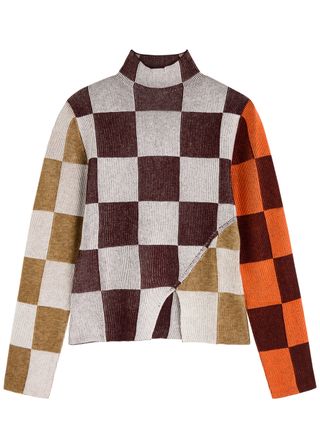 Colour-Block Checked Ribbed-Knit Jumper