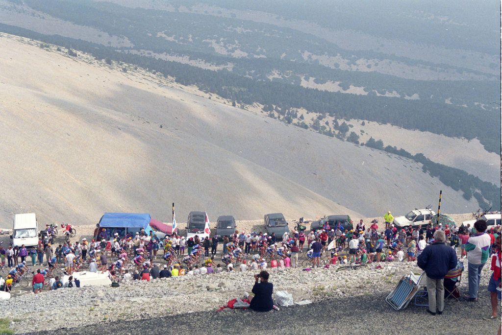 The fans watch the peloton pass by on the upper slopes of Mont Ventoux
