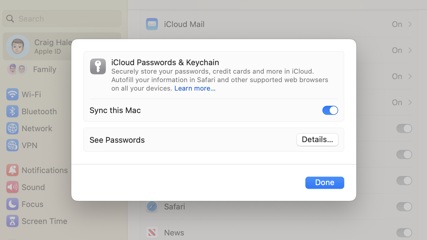 Screenshot of iCloud Keychain settings in macOS System Preferences