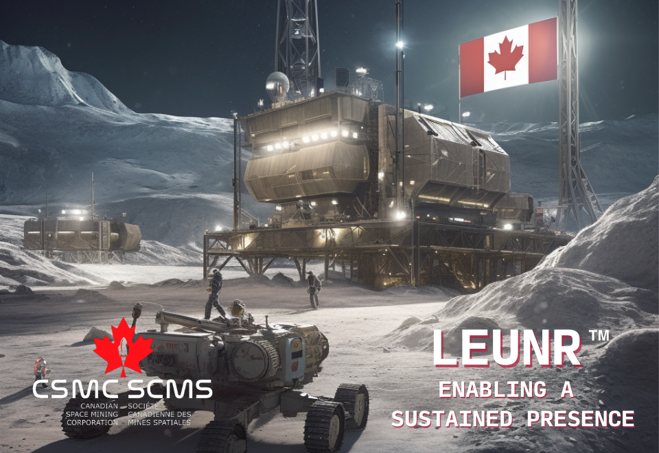 illustration of a moon base. in front is a small rover on wheels. behind is a two-floor base with lights on it. a large canadian flag is on the side of a hill just to right of the image. behind are big hills and more machinery