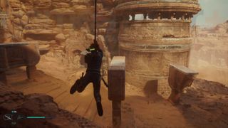 Star Wars Jedi Survivor Jedha Cal swinging on rope to ruined arch