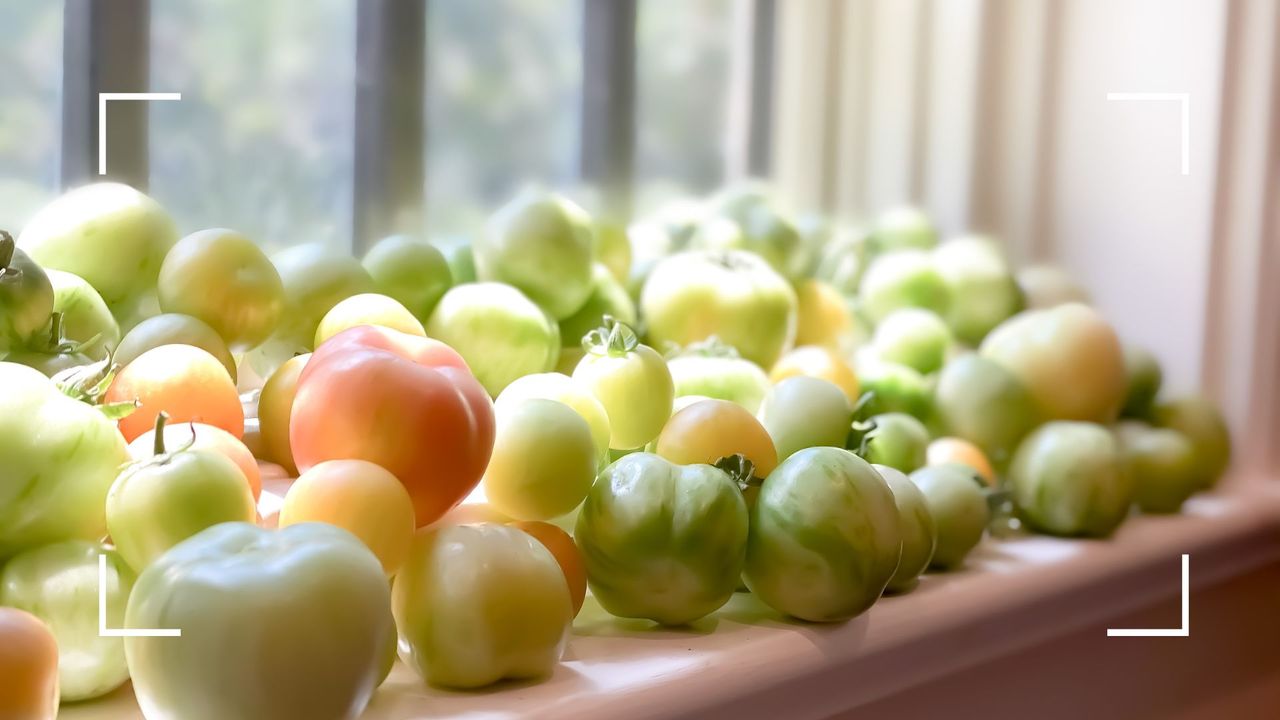 green tomatoes ripening on windowsill