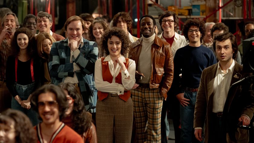 L-R: Gilda Radner (Ella Hunt), Jane Curtain (Kim Matula), Dick Ebersol (Cooper Hoffman), Rosie Schuster (Rachel Sennott), Garett Morris (Lamorne Morris, Al Franken (Taylor Gray) and Lorne Micheals (Gabriel LaBelle) in &quot;Saturday Night&quot;