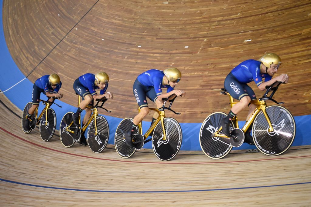 Italian teams members Simone Consonni Filippo Ganna Francesco Lamon and Jonathan Milan at the World Championships