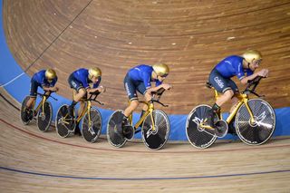 Italian teams members Simone Consonni Filippo Ganna Francesco Lamon and Jonathan Milan compete in the mens Team Pursuit qualifying during the UCI Track Cycling World Championships at JeanStablinski velodrome in Roubaix northern France on October 20 2021 Photo by FRANCOIS LO PRESTI AFP Photo by FRANCOIS LO PRESTIAFP via Getty Images
