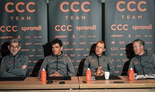 CCC Team sport director Valerio Piva Belgian Greg Van Avermaet of CCC Team Italian Matteo Trentin of CCC Team and CCC Team General manager Jim Ochowicz pictured during press conference of CCC cycling team in Oostkamp ahead of the 75th edition of the oneday cycling race Omloop Het Nieuwsblad Friday 28 February 2020 BELGA PHOTO DAVID STOCKMAN Photo by DAVID STOCKMANBELGA MAGAFP via Getty Images