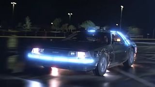 The DeLorean starts to drive back in time in Back to the Future