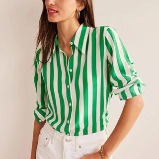 Boden Silk Shirt Rich Emerald and Ivory Stripe