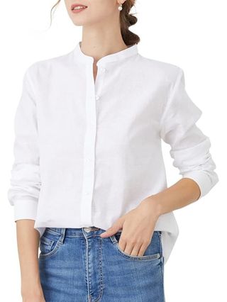 Hoteve Button Down Shirts for Women Long Sleeve Cotton Regular Fit Casual Linen White 001 Size M