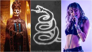 Ghost’s Tobias Foge, the Metallica Snake logo and pop star Miley Cyrus