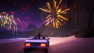 Fireworks in the sky and a car driving below in Mixtape