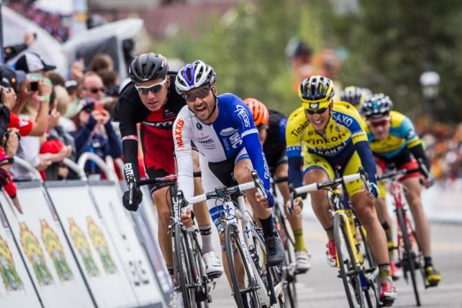 Lucas Euser (UHC) leads a chasing group to the line for 18th.