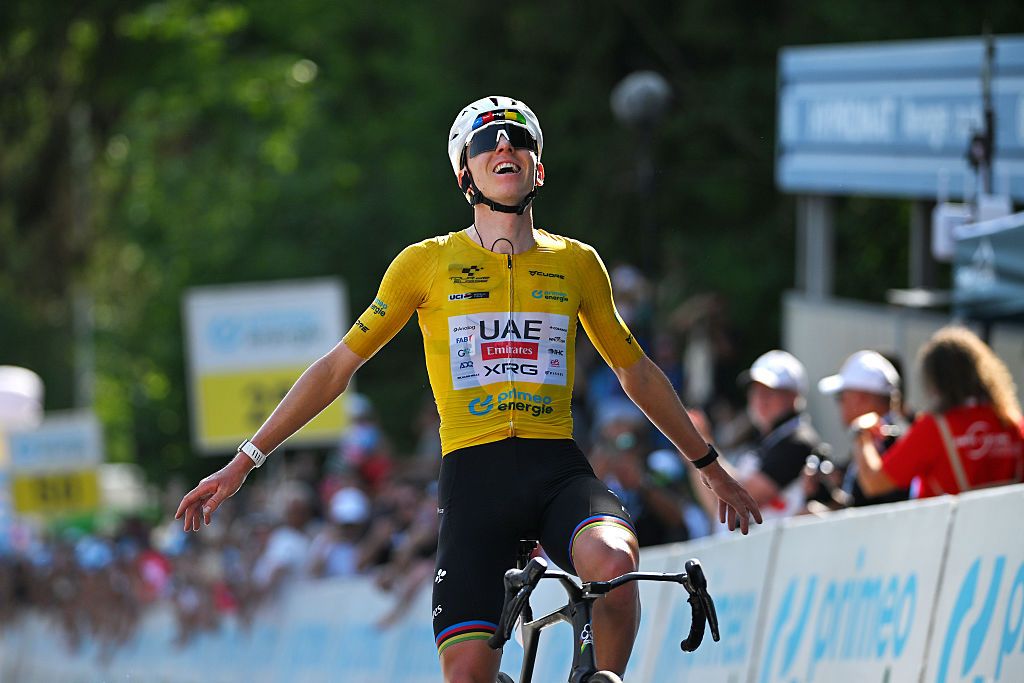 VILLARS-SUR-OLLON, SWITZERLAND - JUNE 21: Tadej Pogacar of Slovenia and UAE Team Emirates - XRG - Yellow Leader Jersey celebrates at finish line as stage winner during the 89th Tour de Suisse 2026, Stage 5 a 150.7km stage from Villars-sur-Ollon to Villars-sur-Ollon 1249m / #UCIWT / on June 21, 2026 in Villars-sur-Ollon, Switzerland. (Photo by Tim de Waele/Getty Images)