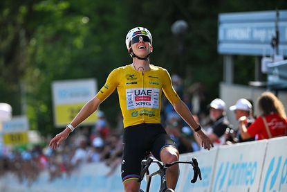 VILLARS-SUR-OLLON, SWITZERLAND - JUNE 21: Tadej Pogacar of Slovenia and UAE Team Emirates - XRG - Yellow Leader Jersey celebrates at finish line as stage winner during the 89th Tour de Suisse 2026, Stage 5 a 150.7km stage from Villars-sur-Ollon to Villars-sur-Ollon 1249m / #UCIWT / on June 21, 2026 in Villars-sur-Ollon, Switzerland. (Photo by Tim de Waele/Getty Images)