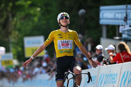 VILLARS-SUR-OLLON, SWITZERLAND - JUNE 21: Tadej Pogacar of Slovenia and UAE Team Emirates - XRG - Yellow Leader Jersey celebrates at finish line as stage winner during the 89th Tour de Suisse 2026, Stage 5 a 150.7km stage from Villars-sur-Ollon to Villars-sur-Ollon 1249m / #UCIWT / on June 21, 2026 in Villars-sur-Ollon, Switzerland. (Photo by Tim de Waele/Getty Images)