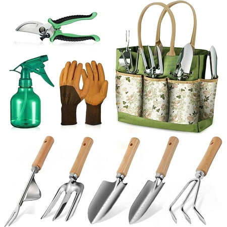 Bn-Link Garden Tool Set, 9 Piece Heavy Duty Gardening Hand Tools With Fashion and Durable Garden Tools Organizer Handbag,rust-Proof Garden Tool Set, Ideal Gardening Gifts for Women and Men