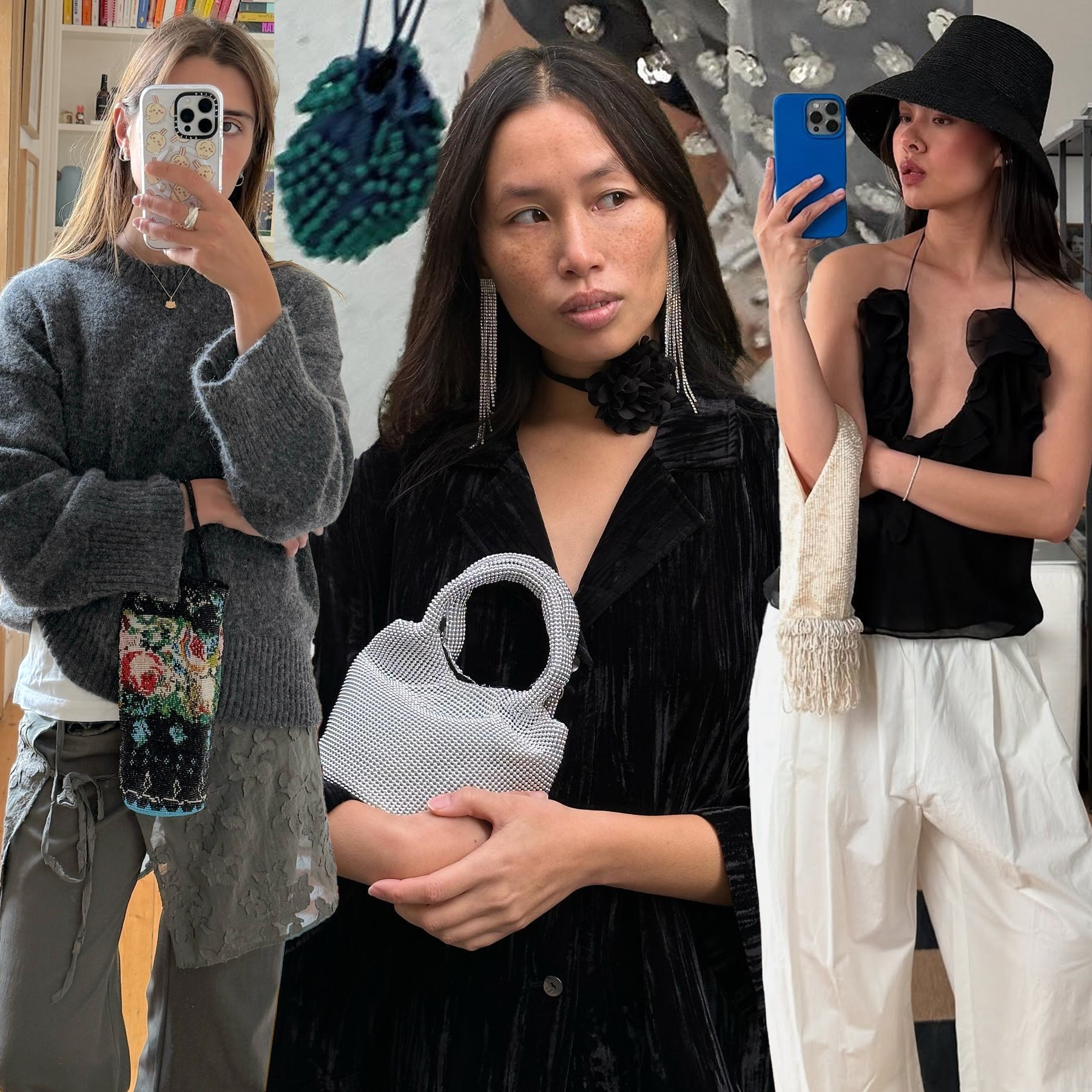 fashion collage of style influencers including Poppy Almond, Courtney Grow, Mimi Nguyen, and Anne-Victoire Lefevre wearing chic outfits with beaded bags, the latest bag trend in 2025
