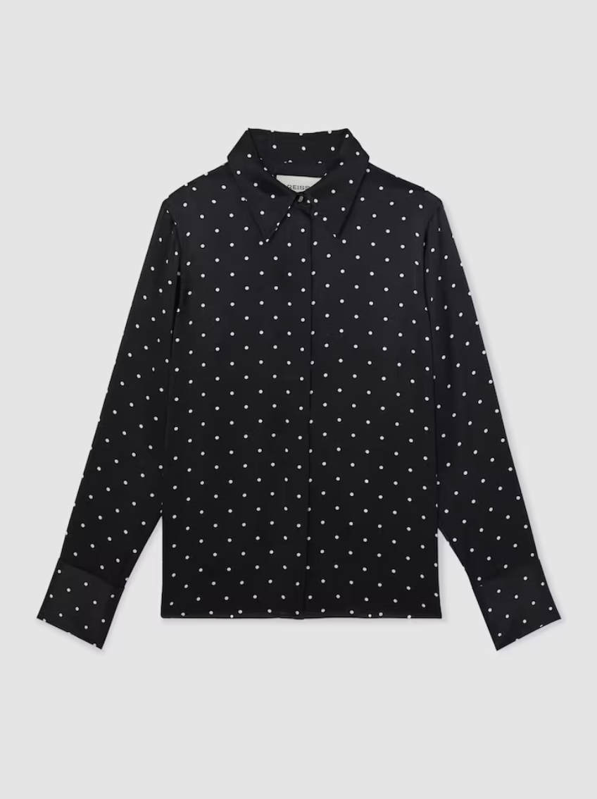 REISS, Silk-Satin Concealed-Placket Shirt in Navy polka Dot
