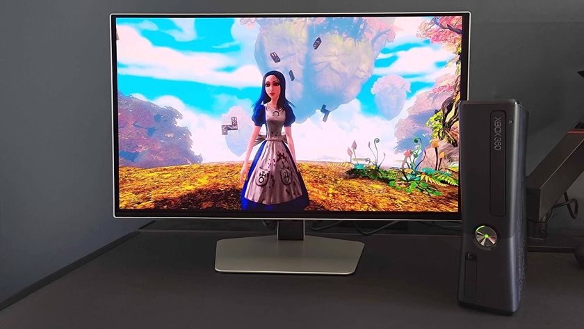 Xbox 360 connected to Samsung Odyssey G6 using mClassic HDMI upscaler running Alice: Madness Returns with main character facing camera.
