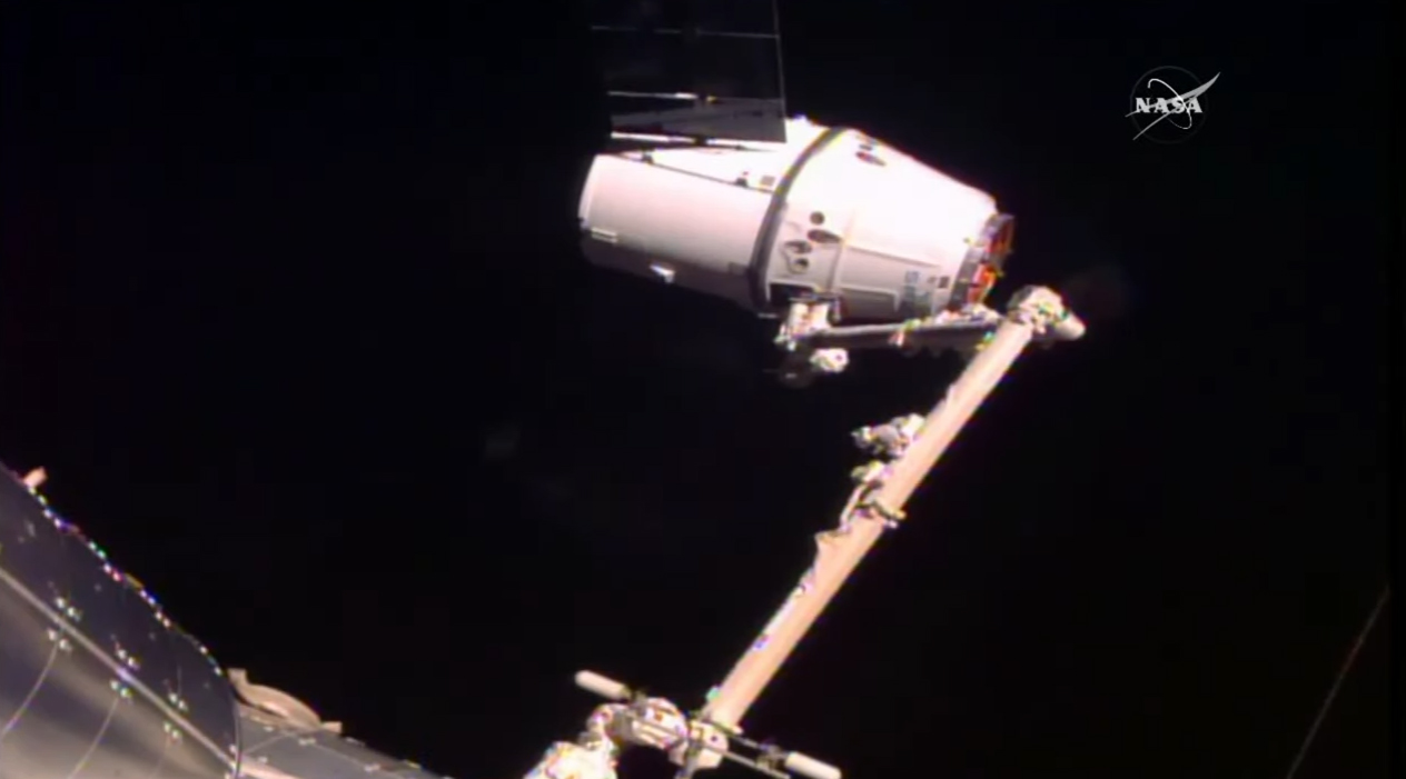 A SpaceX Dragon space capsule is seen just after being captured by astronauts using a robotic arm at the International Space Station on Feb. 23, 2017. The SpaceX capsule is carrying 5,500 lbs. of supplies for the station&#039;s six-person crew.