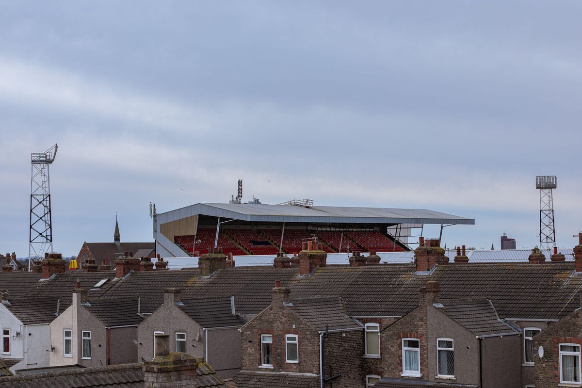 A view of Grimsby Town's Blundell Park stadium and surrounding houses