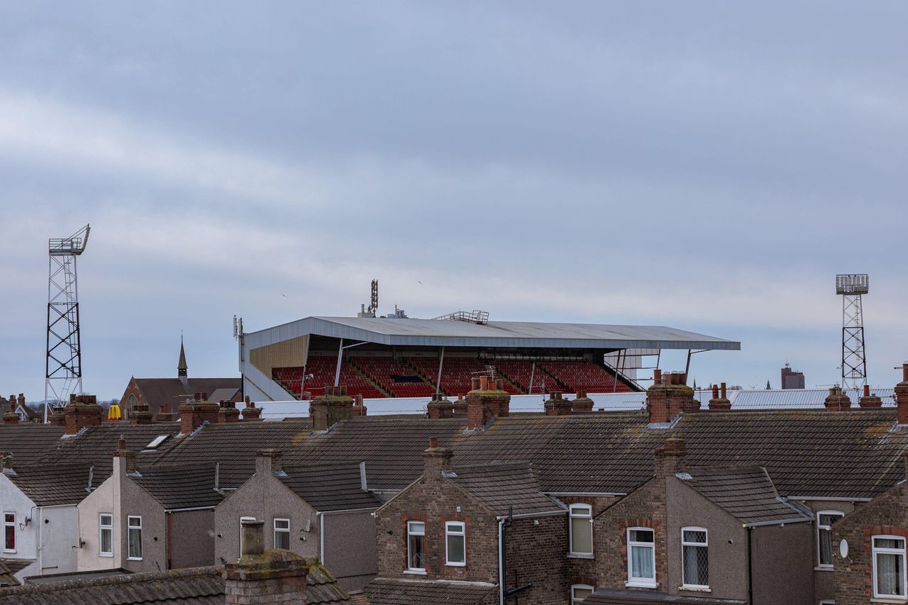 A view of Grimsby Town's Blundell Park stadium and surrounding houses