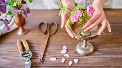 arranging pink flowers in a flower pin frog