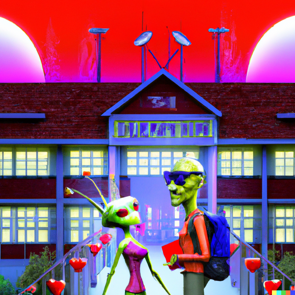 'Valentines Day at an Alien highschool' via ChatGPT