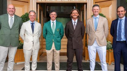 Thomas Bjorn, Luke Donald, Rory McIlroy, Tommy Fleetwood, Justin Rose and Edoardo Molinari all pictured at Wimbledon attending the tennis