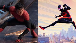 Tom Holland in Spider-Man No Way Home at Miles Morales in Spider-Man: Across the Spider-Verse